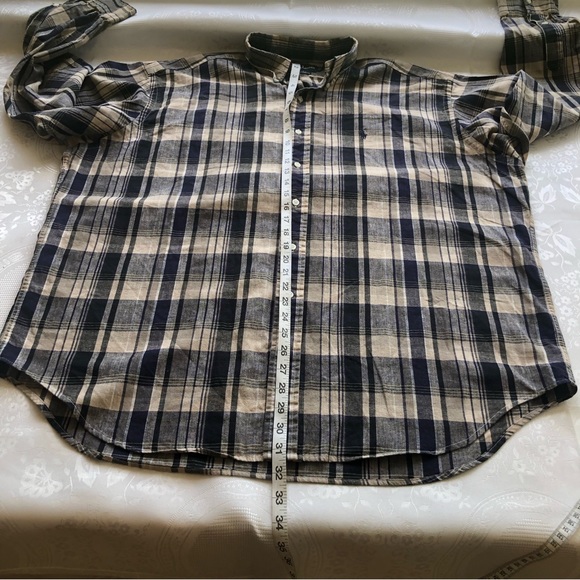 Ralph Lauren Men’s Size XL Blaire Navy/Tan Plaid Dress Linen Shirt Long Sleeves - Picture 5 of 14